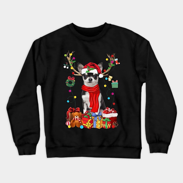 Black Chihuahua Reindeer Santa Christmas Color Lights Crewneck Sweatshirt by cogemma.art